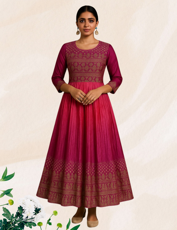 Pink with jamun colour dotted umbrella silk kurthi