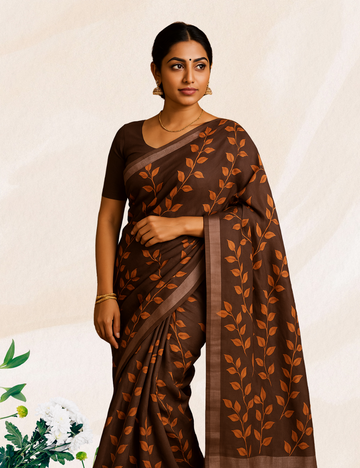 Brown colour curry leaves linine cotton saree