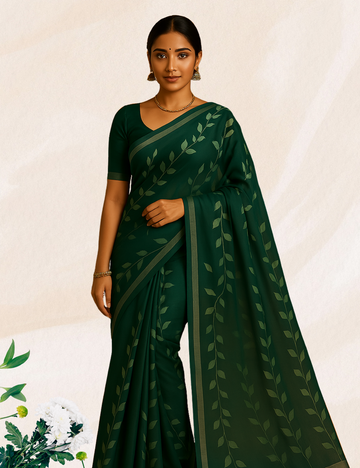 Dark Green colour curry leaves linine cotton saree