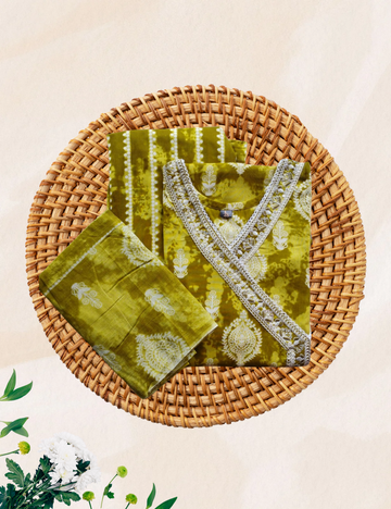 Green colour 3 pcs jaipur cotton kurta set