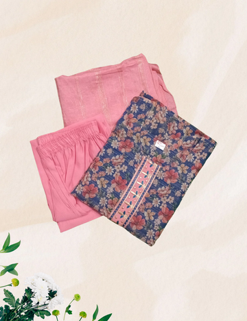 Pink with blue colour floral 3 pcs tissue kurthi set