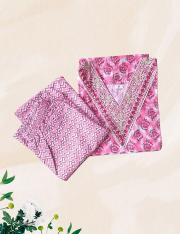 Pink with white colour 2 pcs cotton kurta set