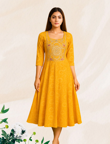 Yellow colour reyon long umbrella kurthi