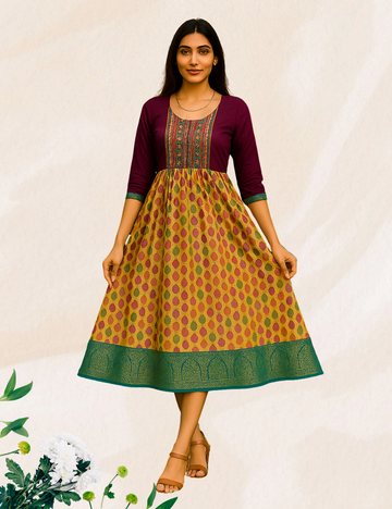 Purple with green colour digital print silk umbrella kurthi
