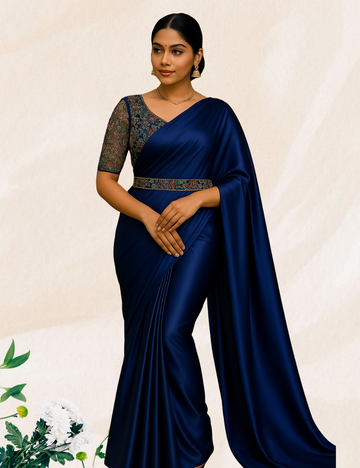 Blue colour satin saree with netted work blouse and belt