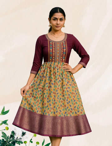 Purple colour digital print silk umbrella kurthi