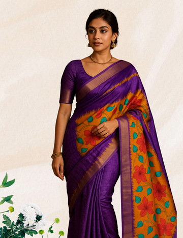 Purple colour Handloom Silk Saree with Kalamkari Pallu & Matching Blouse