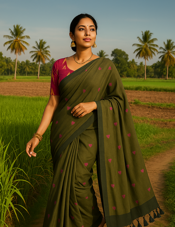 Green colour kadhi cotton saree with kalamkari blouse