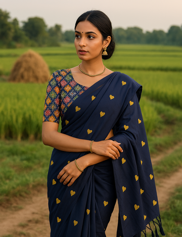 Navy blue colour kadhi cotton saree with kalamkari blouse