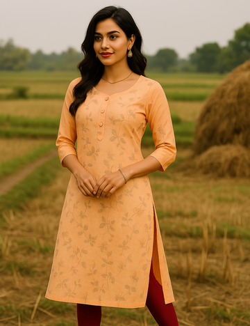 Orange colour floral side cut tissue kurta