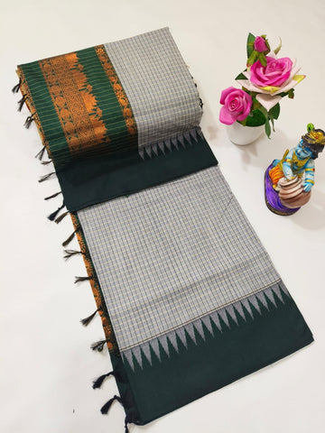 Ash with Green Colour Premium Quality Kalyani Cotton Checked Saree / Lata Gadwal Paithani