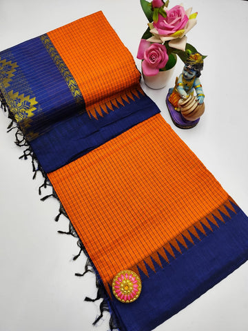 Orange with Navy Blue Colour Premium Quality Kalyani Cotton Checked Saree / Lata Gadwal Paithani