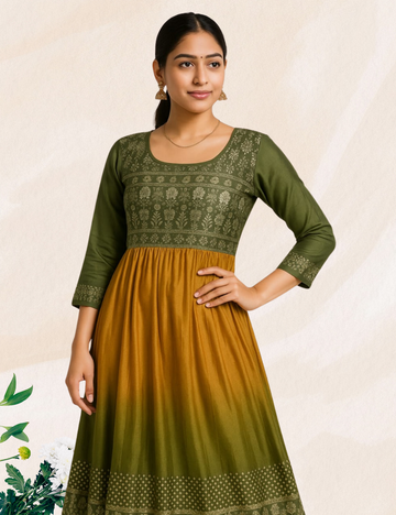 Green with musterd colour dotted umbrella silk kurthi