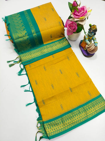 Yellow with Ramar Green Premium Kalyani Cotton Saree