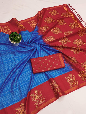 Blue with Red Colour Silkworm Soft Cotton Saree