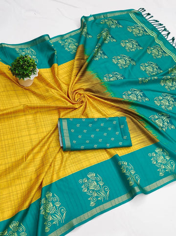 Yellow with Ramar Green Colour Silkworm Soft Cotton Saree