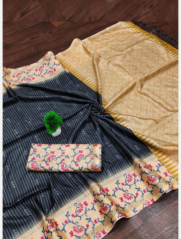 Black with Sandal Colour Silk warm Soft Cotton Saree