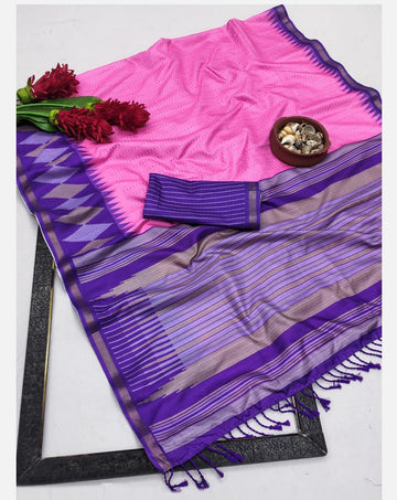 Pink with Blue Colour Silk Warm Soft Cotton Saree