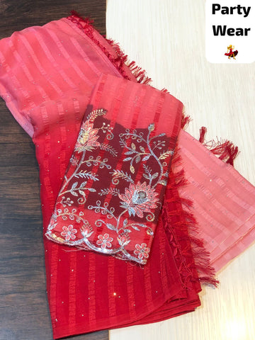 Pink with Peach Colour Party Wear Popcorn Saree with Designer Blouse