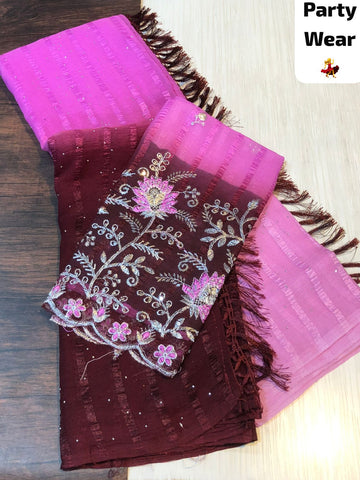 Pink with Purple Colour Party Wear Popcorn Saree with Designer Blouse