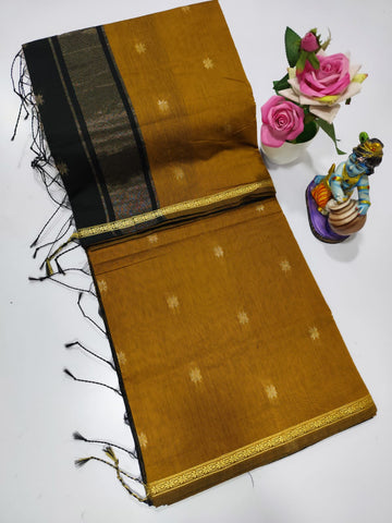 Mustered with black Colour Maheswari Silk Cotton Saree