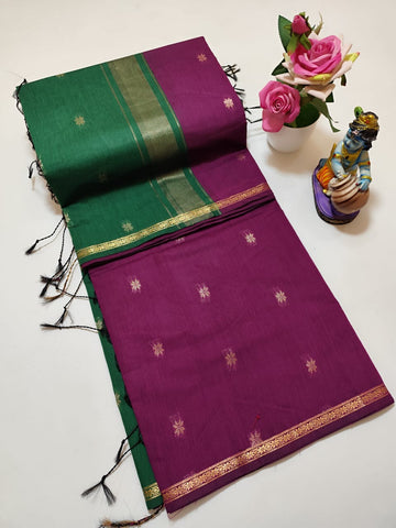 Purple with Green Colour Maheswari Silk Cotton Saree