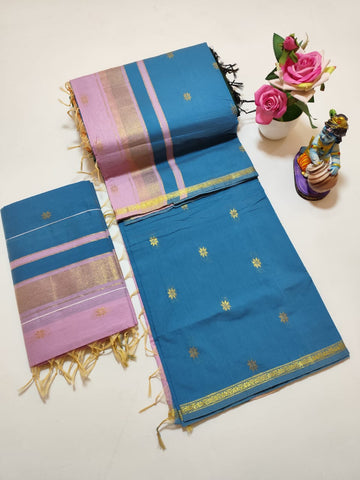 Sky Blue with Onion Pink Colour Maheswari Silk Cotton Saree