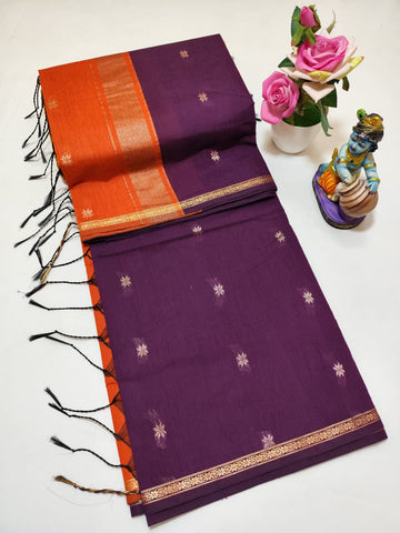 Purple with Orange Colour Maheswari Silk Cotton Saree