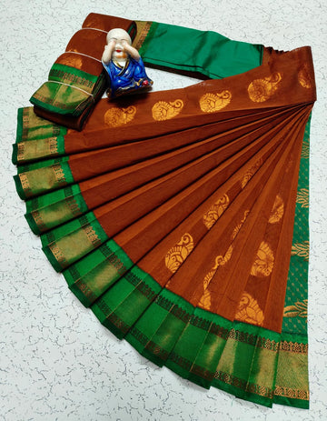Red with Green Colour Kottanchi Cotton Saree with Contrast Blouse