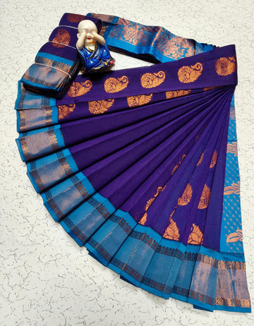 Sky Blue with Voilet Colour Kottanchi Cotton Saree with Contrast Blouse