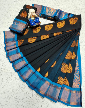 Sky Blue with Black Colour Kottanchi Cotton Saree with Contrast Blouse