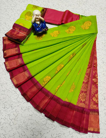 Parrot Green with Red Colour Kottanchi Cotton Saree with Contrast Blouse