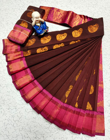 Brown with Pink Colour Kottanchi Cotton Saree with Contrast Blouse