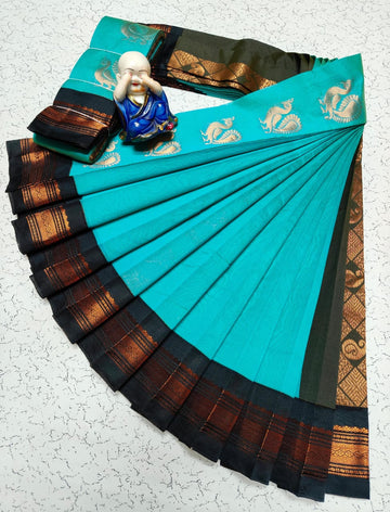 Ramar Blue with Black Colour Kottanchi Cotton Saree with Contrast Blouse