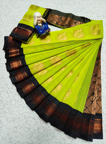 Lemon Yellow with Green Colour Kottanchi Cotton Saree with Contrast Blouse