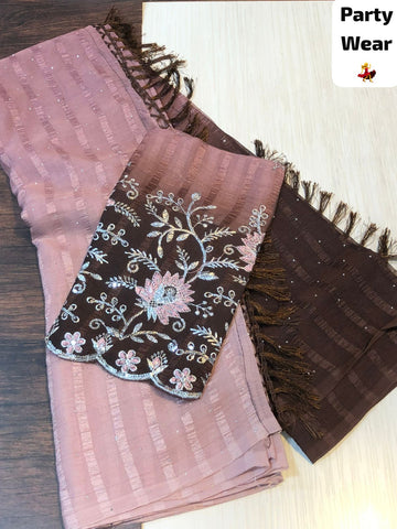 Biscut with Brown Colour Party Wear Popcorn Saree with Designer Blouse