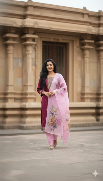 Meron with Pink Premium Quality 3 Pcs Set Silk Material