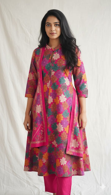 Pink Colour Premium Quality Vatican Silk Chines Coller neck 3 pcs Set