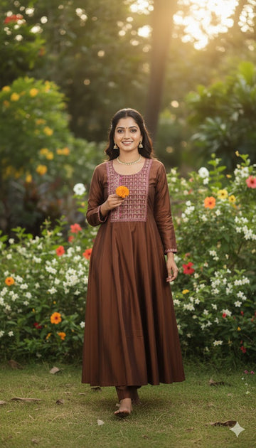 Chocolate Brown Colour Vichithra Silk Anarkali Umbrella Kurthi