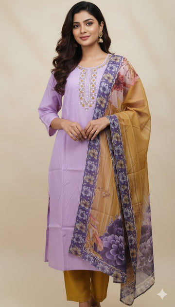 Lavender with Green Colour Premium 3 Piece Set Silk Material