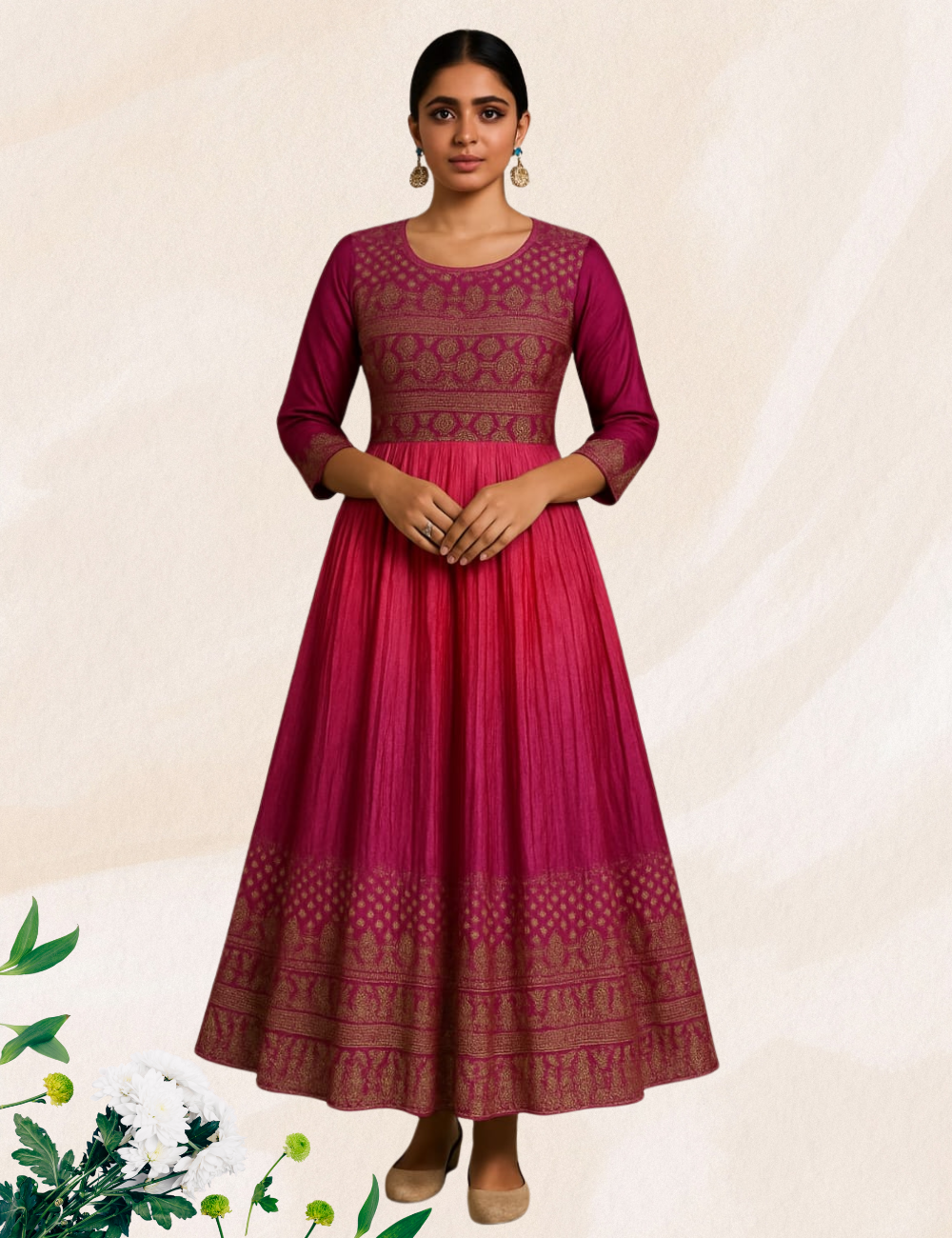 Pink with jamun colour dotted umbrella silk kurthi