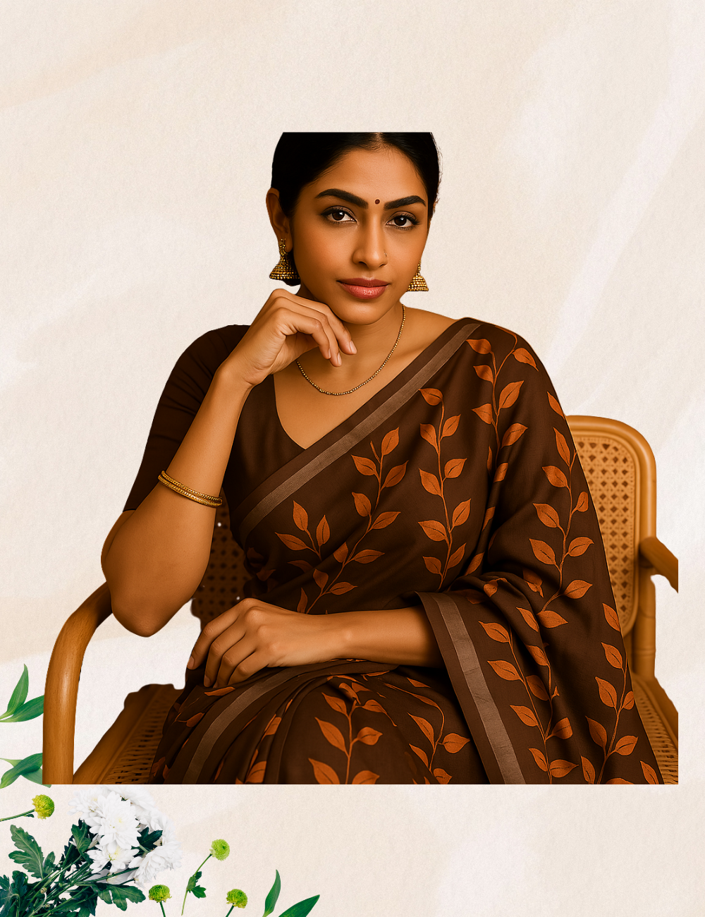 Brown colour curry leaves linine cotton saree