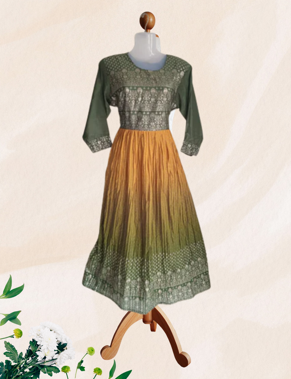 Green with musterd colour dotted umbrella silk kurthi