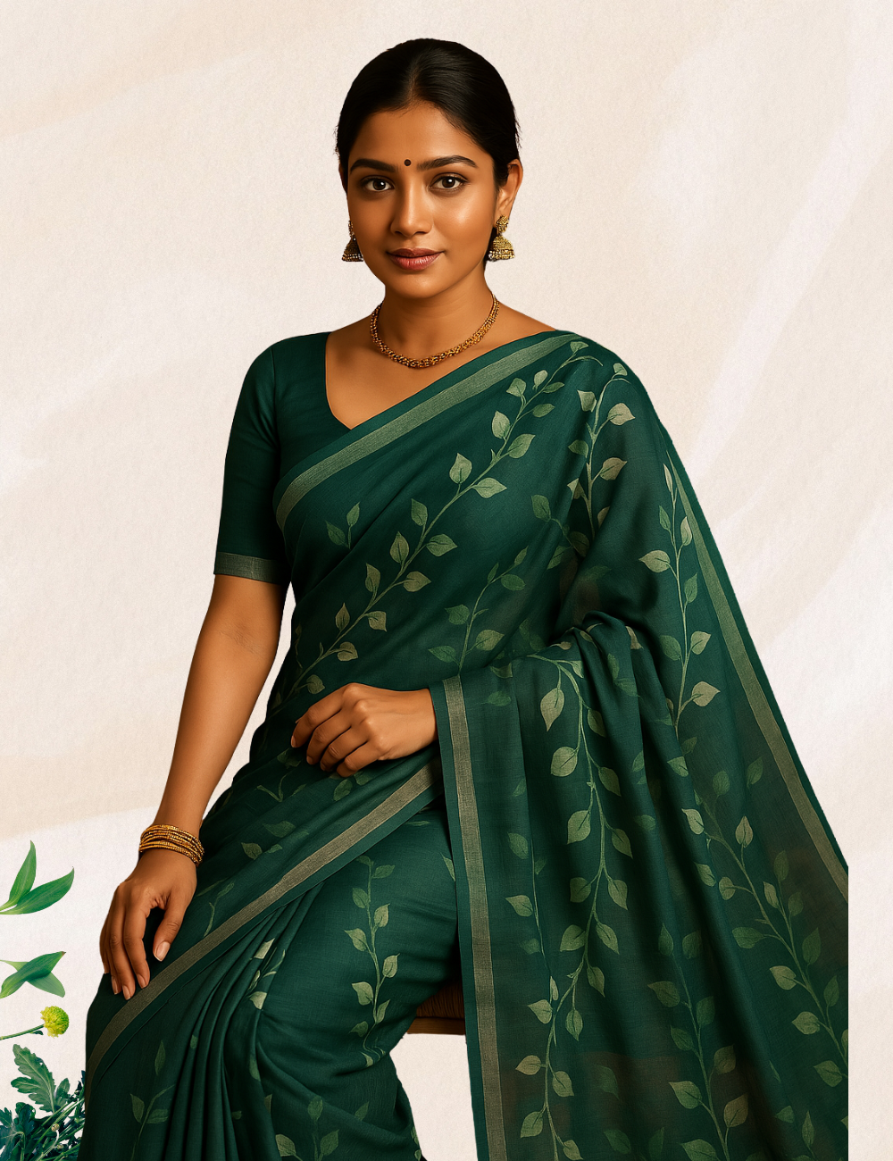 Dark Green colour curry leaves linine cotton saree