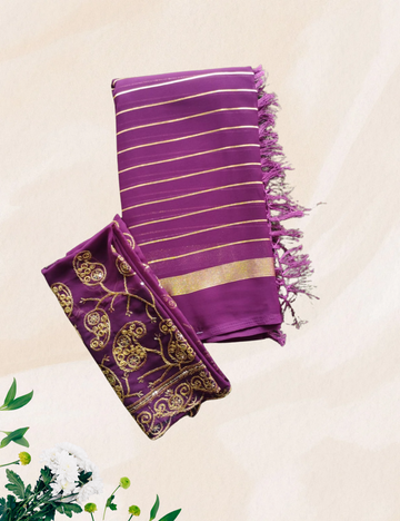 Purple colour gold print georgette saree with work blouse