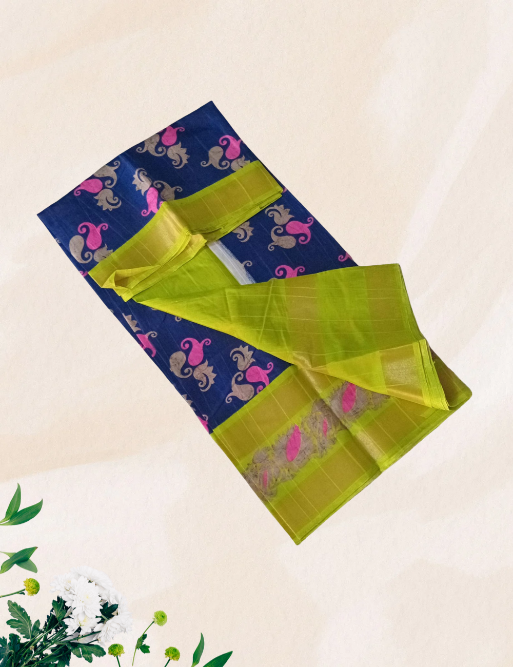 Blue with green colour zari border handloom silk saree