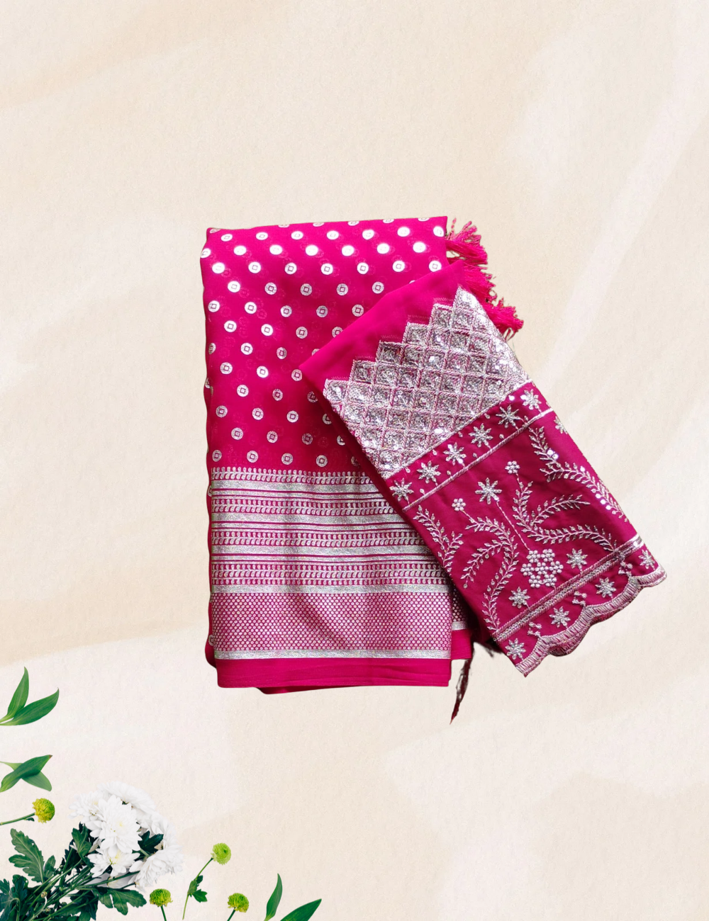Red colour silver dotted  georgette saree with work blouse