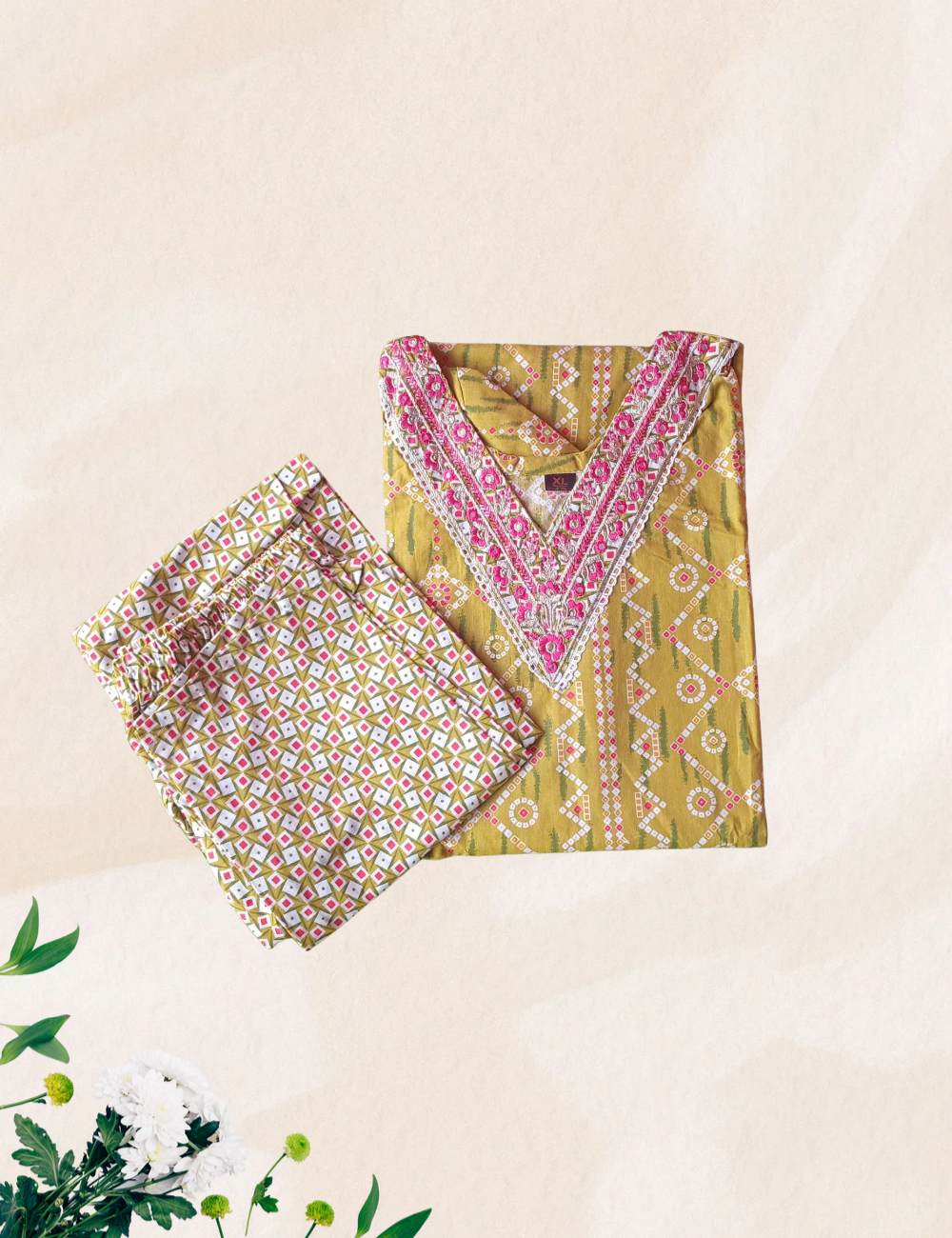 Green with pink colour 2 pcs cotton kurta set