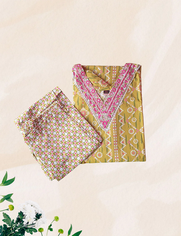 Green with pink colour 2 pcs cotton kurta set