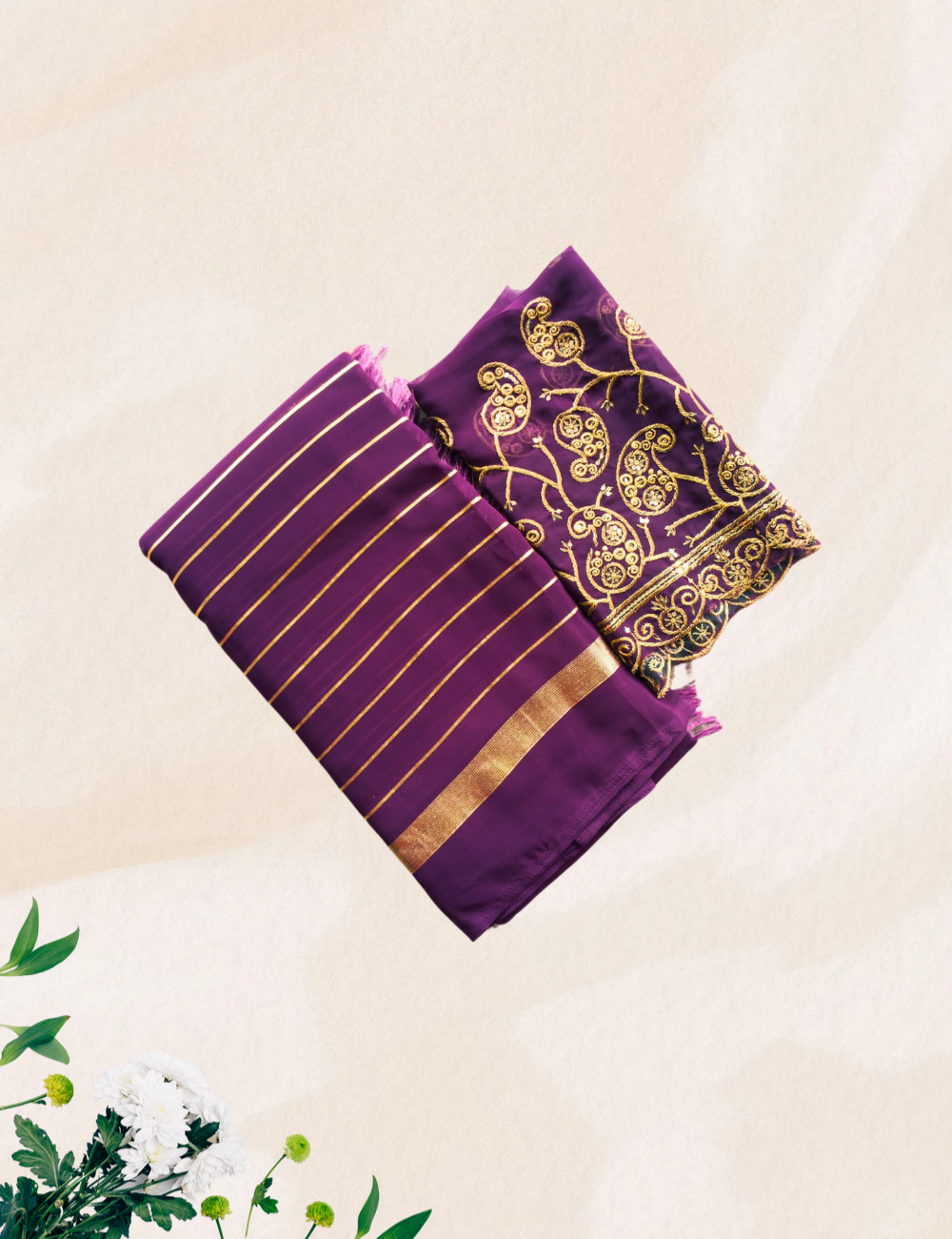 Purple colour gold print georgette saree with work blouse